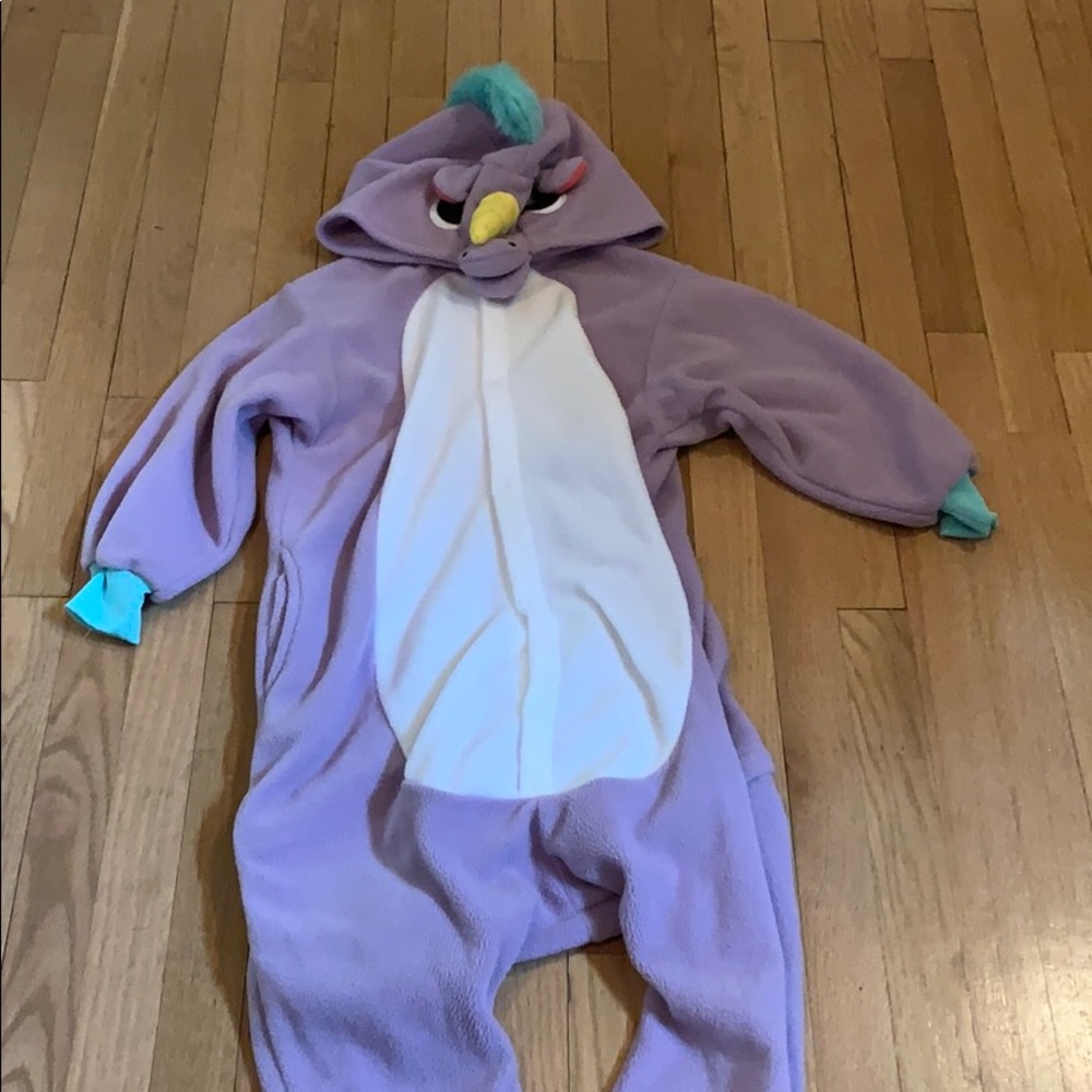 Purple unicorn onesie.